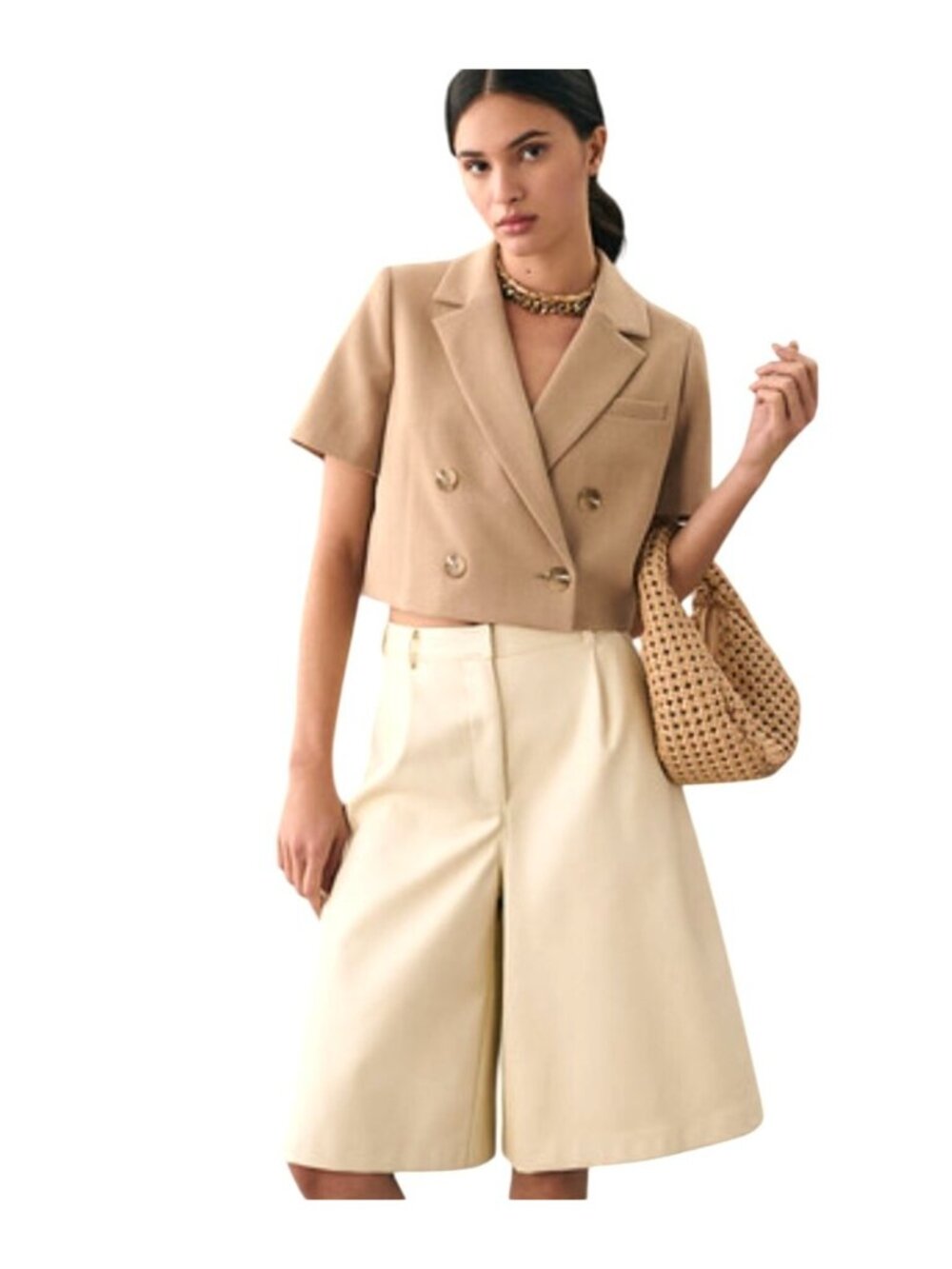 Anthropologie Maeve Beige Double-Breasted Cropped Blazer Short Sleeve Size US 14